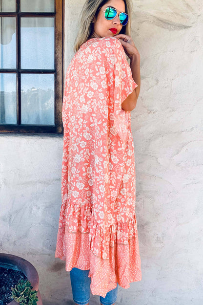 **Peach Boho Floral Ruffle Hem Lightweight Maxi Kimono CoverUp