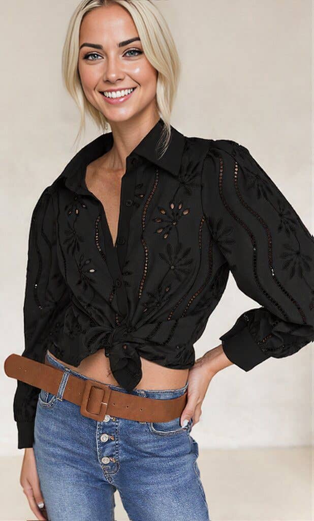 Embroidered Eyelet Long Sleeve Button-Up