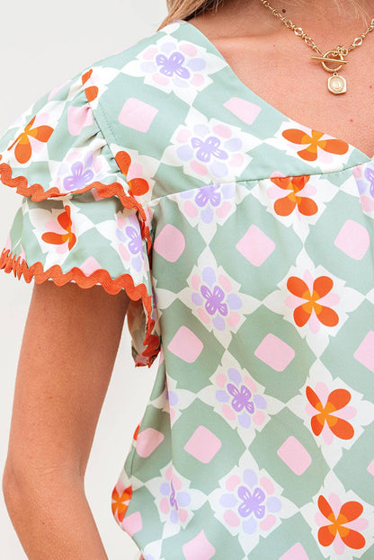 Geometric Floral Flutter Sleeve Summer Blouse