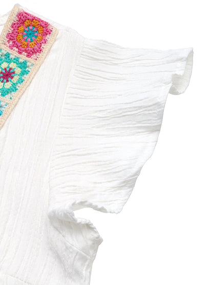 Boho Embroidered V Neck Flutter Sleeve Summer Blouse