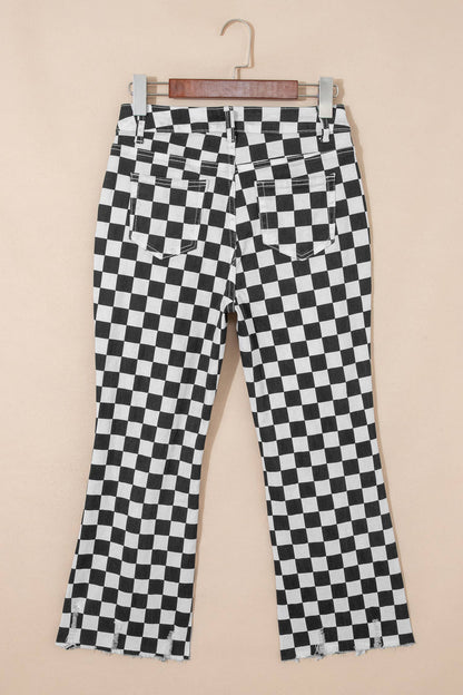 Checkerboard Print Distressed Holes Raw Edge Cropped Jeans
