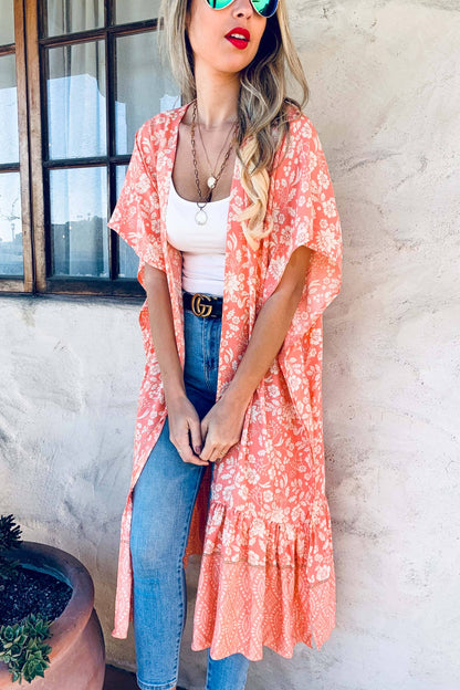 **Peach Boho Floral Ruffle Hem Lightweight Maxi Kimono CoverUp