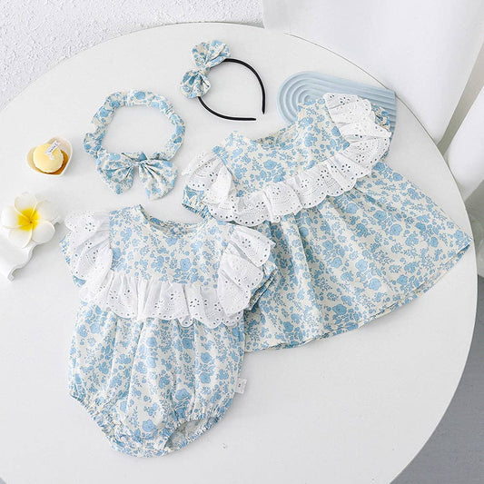 Blue Floral Lace Baby Girls Romper Match Headband