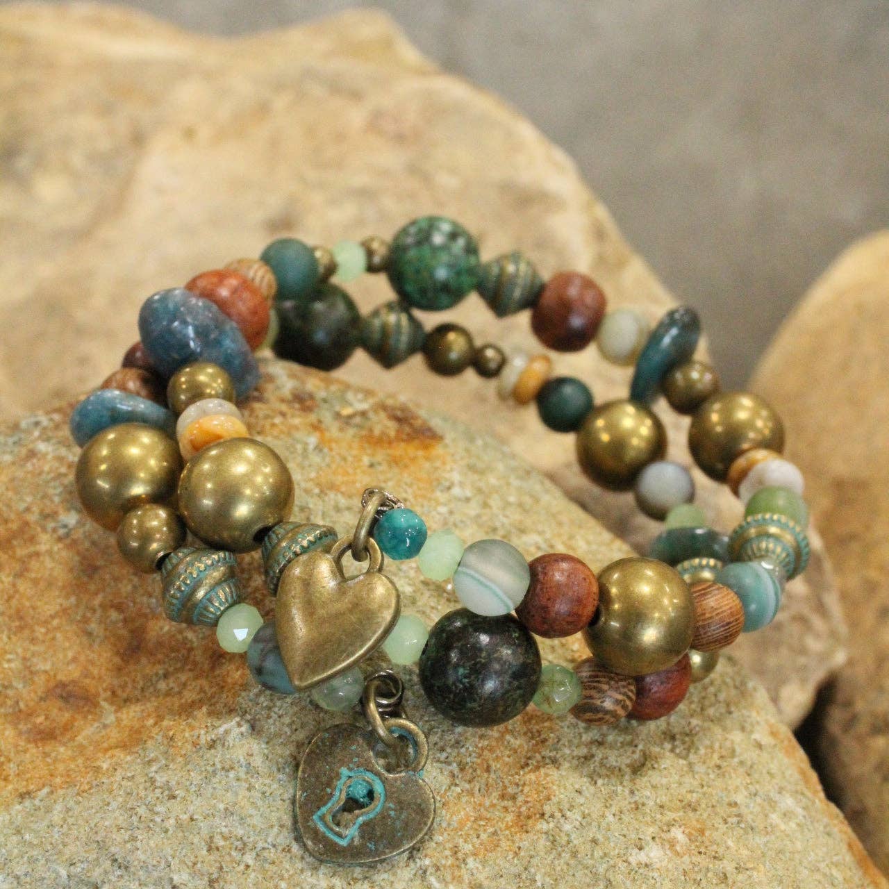 Verdigris Heart Wrap Bracelet