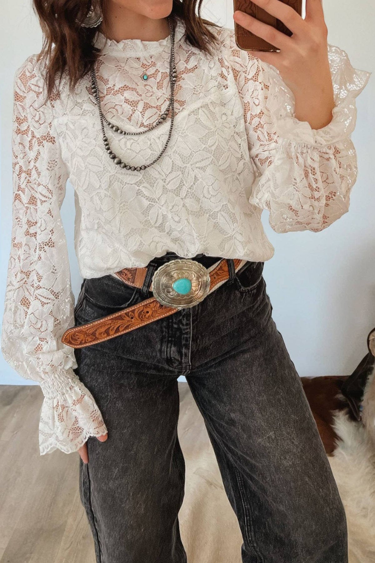 Vacation Ruffled Long Flounce Sleeve Sheer Lace Blouse