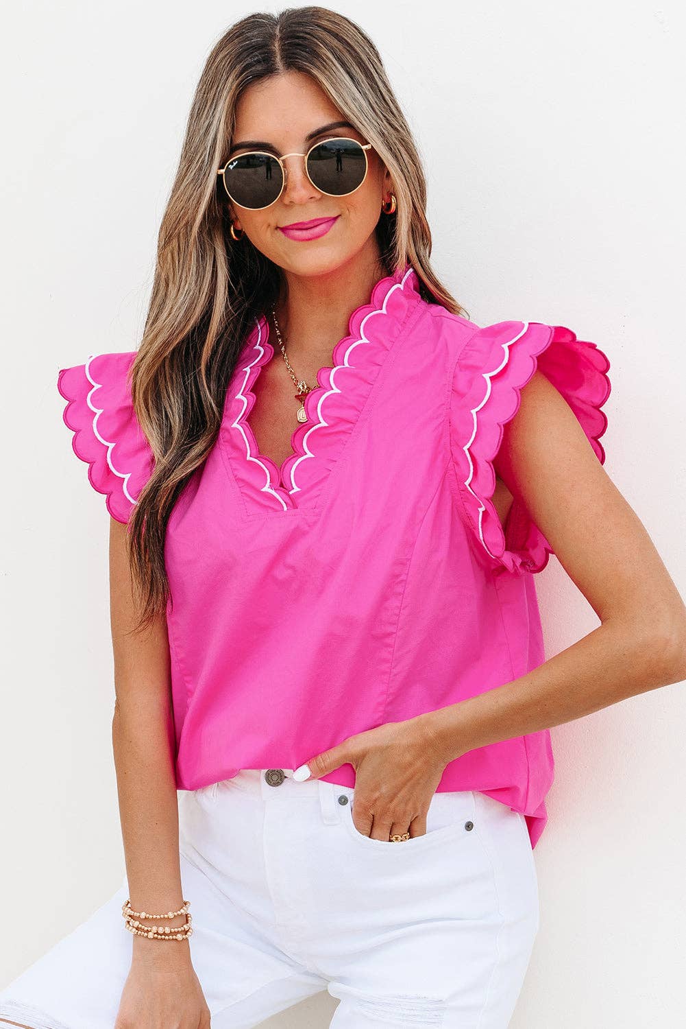 Scallop Trim Short Sleeve Summer Blouse