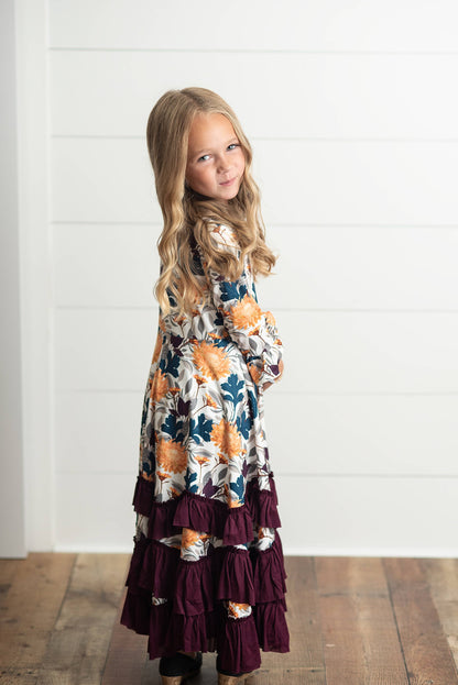 Kids Mustard & Plum Long Sleeve Fall Winter Ruffles Dress