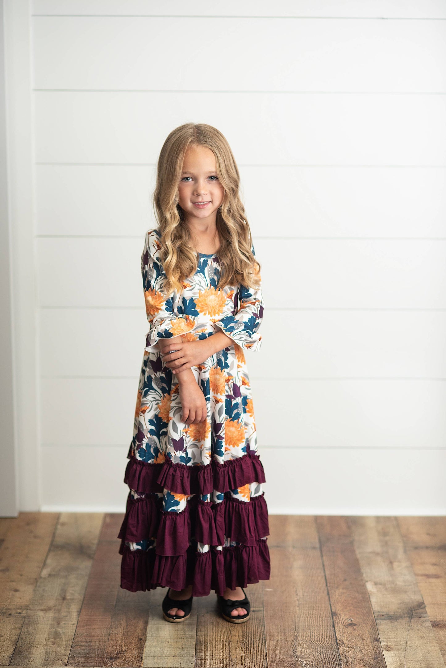 Kids Mustard & Plum Long Sleeve Fall Winter Ruffles Dress