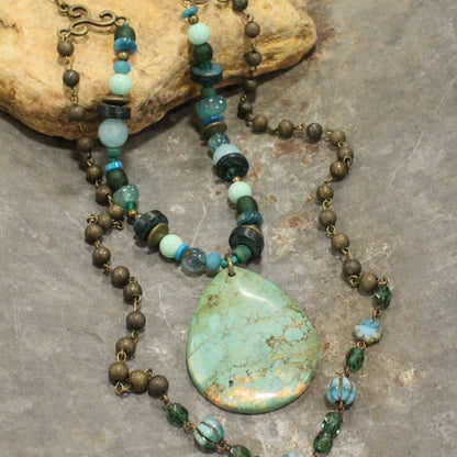 Czech Turquoise Picasso Flower Bead Necklace