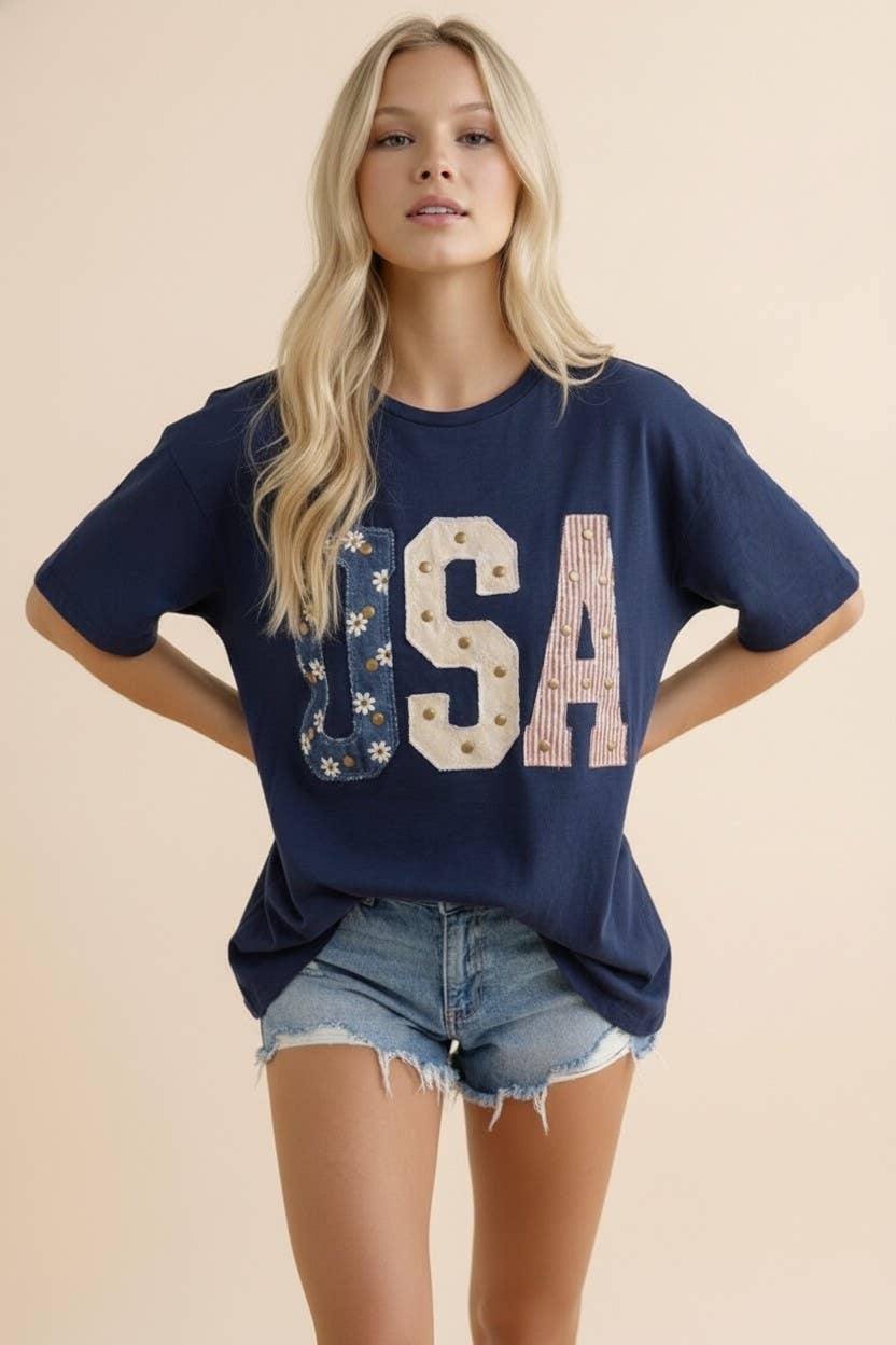 Mixed-Media Studded USA Graphic Tee