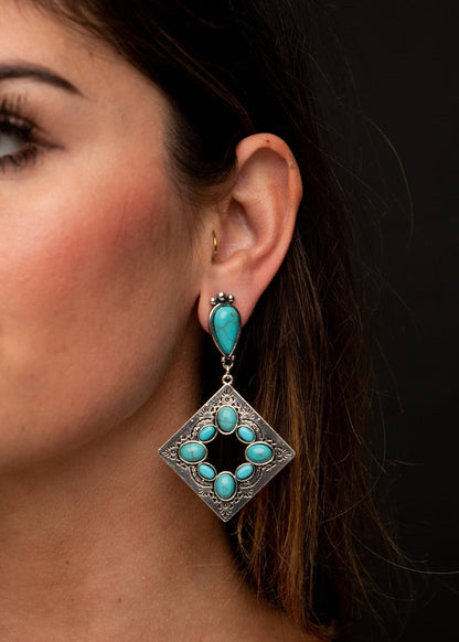 Burnished Silver Diamond Shaped Post Earring w/ Turq