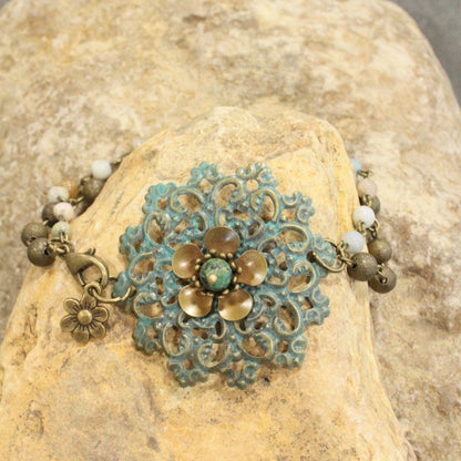 Filigree Bronze Flower & Stone Double Chain Bracelet Set