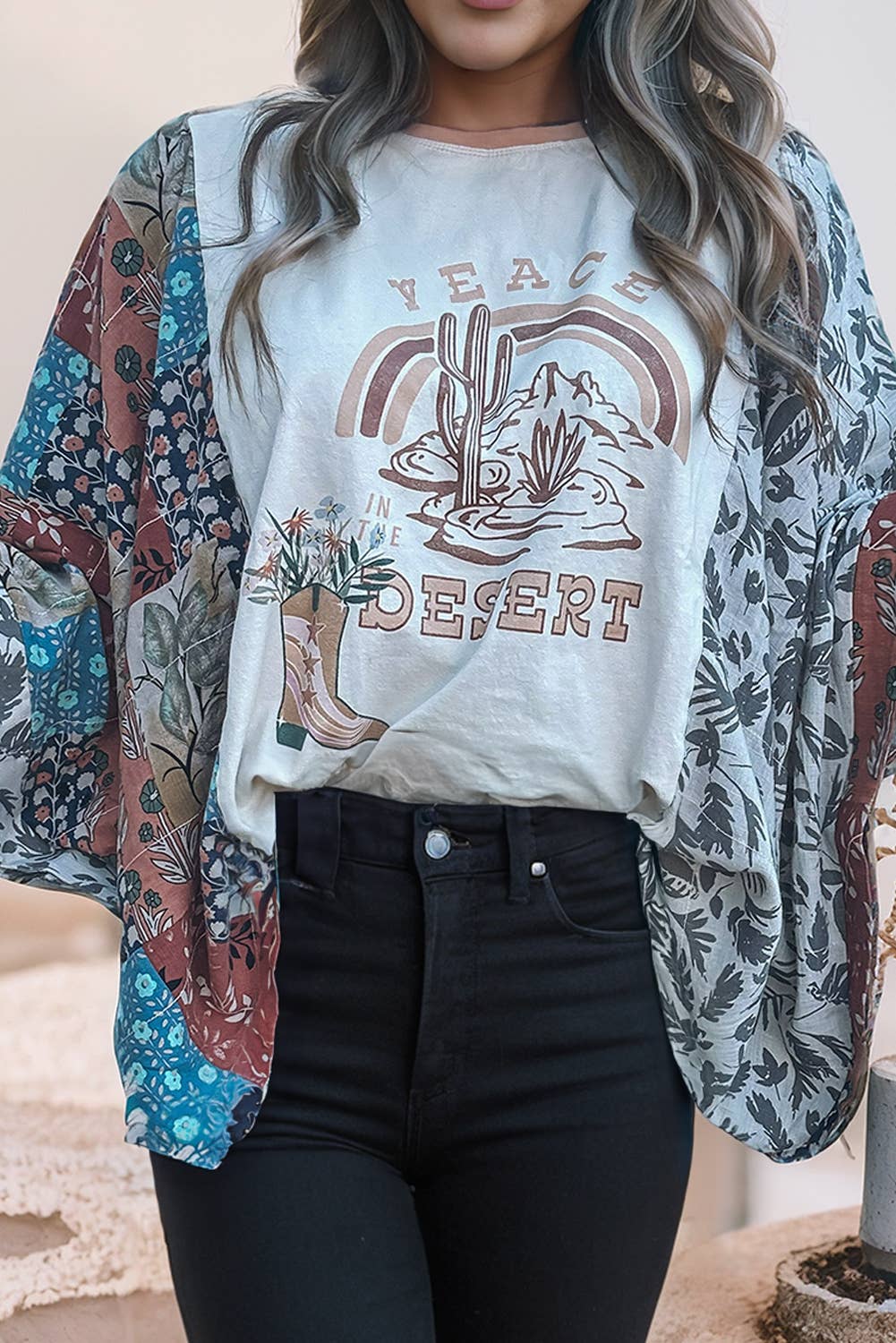 Asymmetric Patchwork Sleeve Peace Desert Graphic Tee