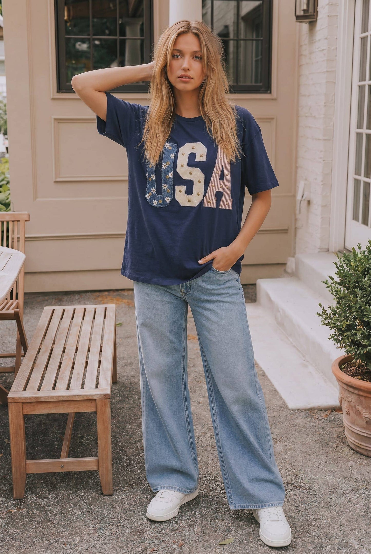 Mixed-Media Studded USA Graphic Tee