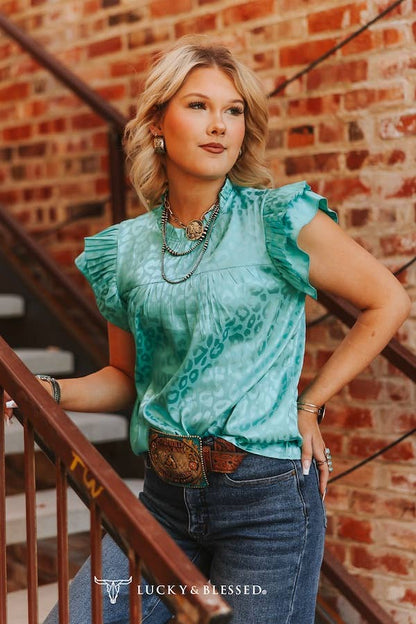 Plus Size Turquoise Leopard Satin Pleated Ruffle Top