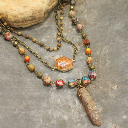 Bohemian Layered Rusty Orange Stone & Crystal Necklace