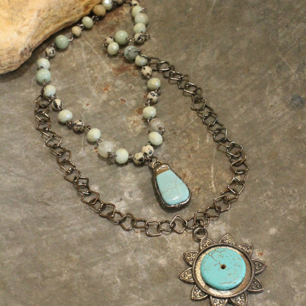 Bohemian Layered Natural Stone Sunrise Necklace