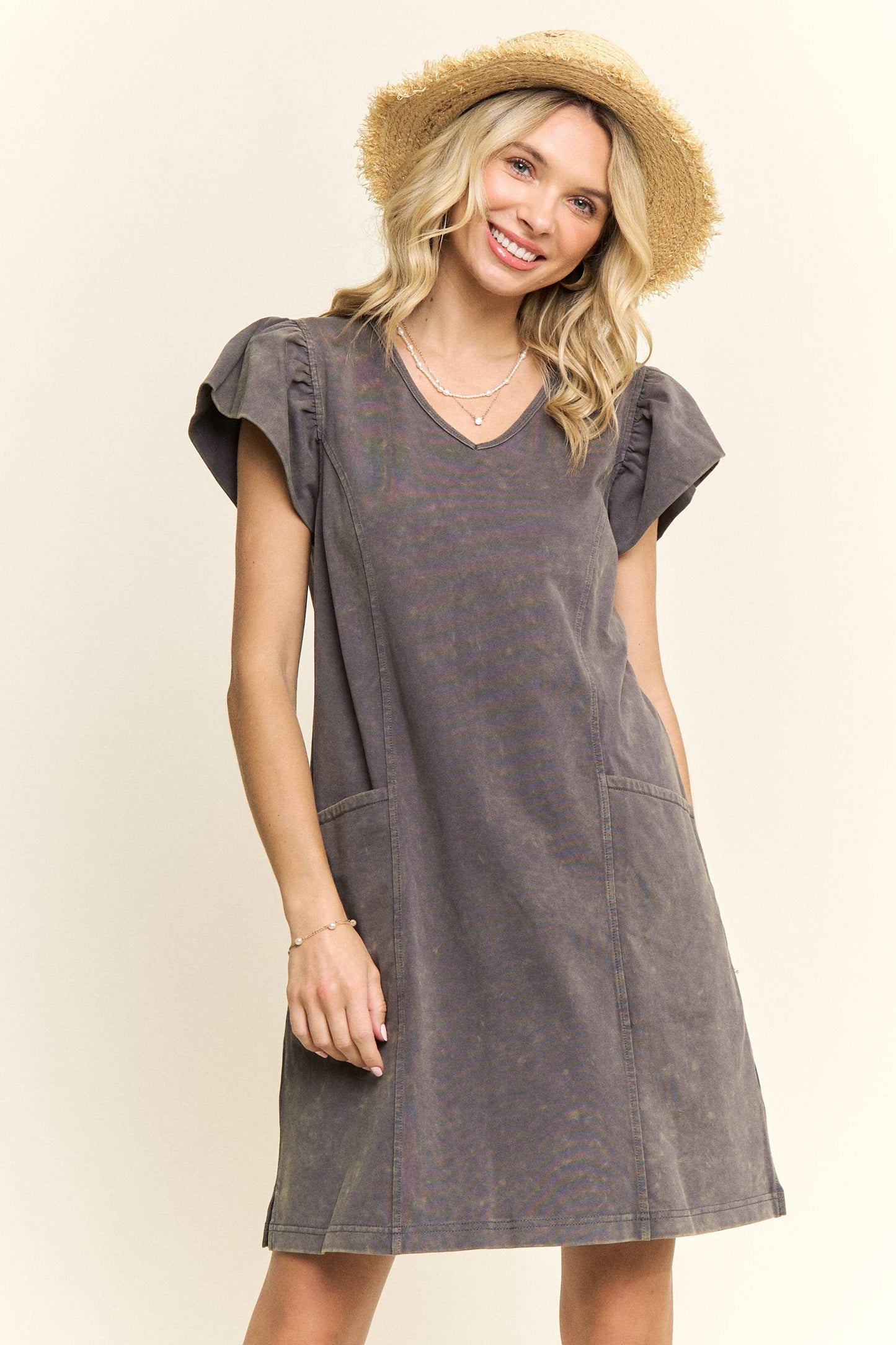 RUFFLE SLEEVES MINERAL SHIFT DRESS- LED3687WN