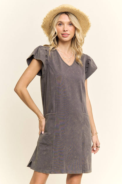 RUFFLE SLEEVES MINERAL SHIFT DRESS- LED3687WN