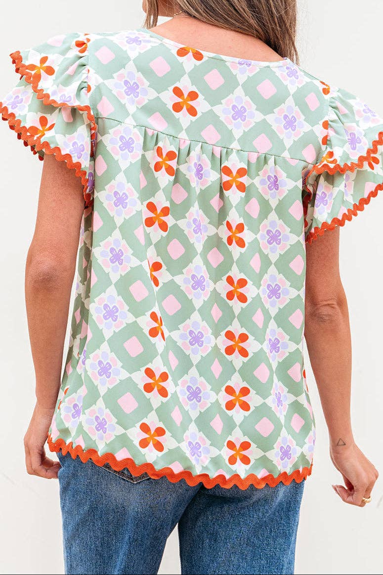 Geometric Floral Flutter Sleeve Summer Blouse