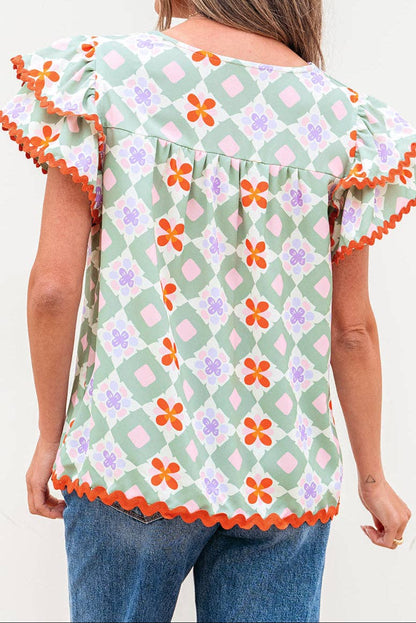 Geometric Floral Flutter Sleeve Summer Blouse