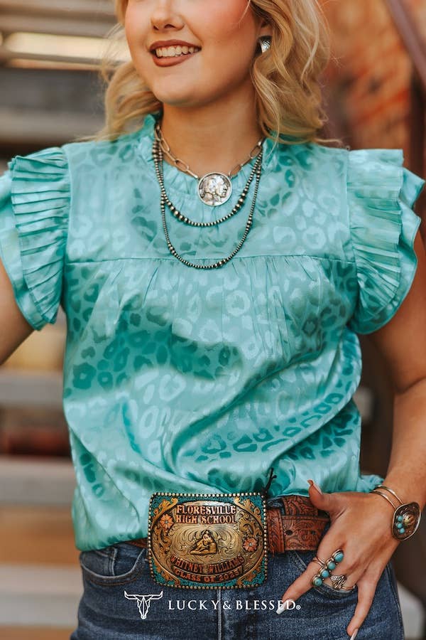 Plus Size Turquoise Leopard Satin Pleated Ruffle Top