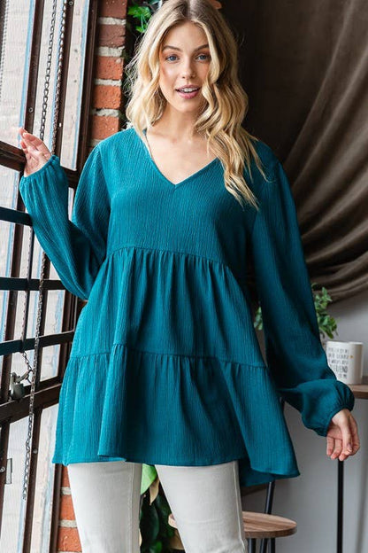 LONG PUFF SLEEVE V NECK SOLID TIERED TOP