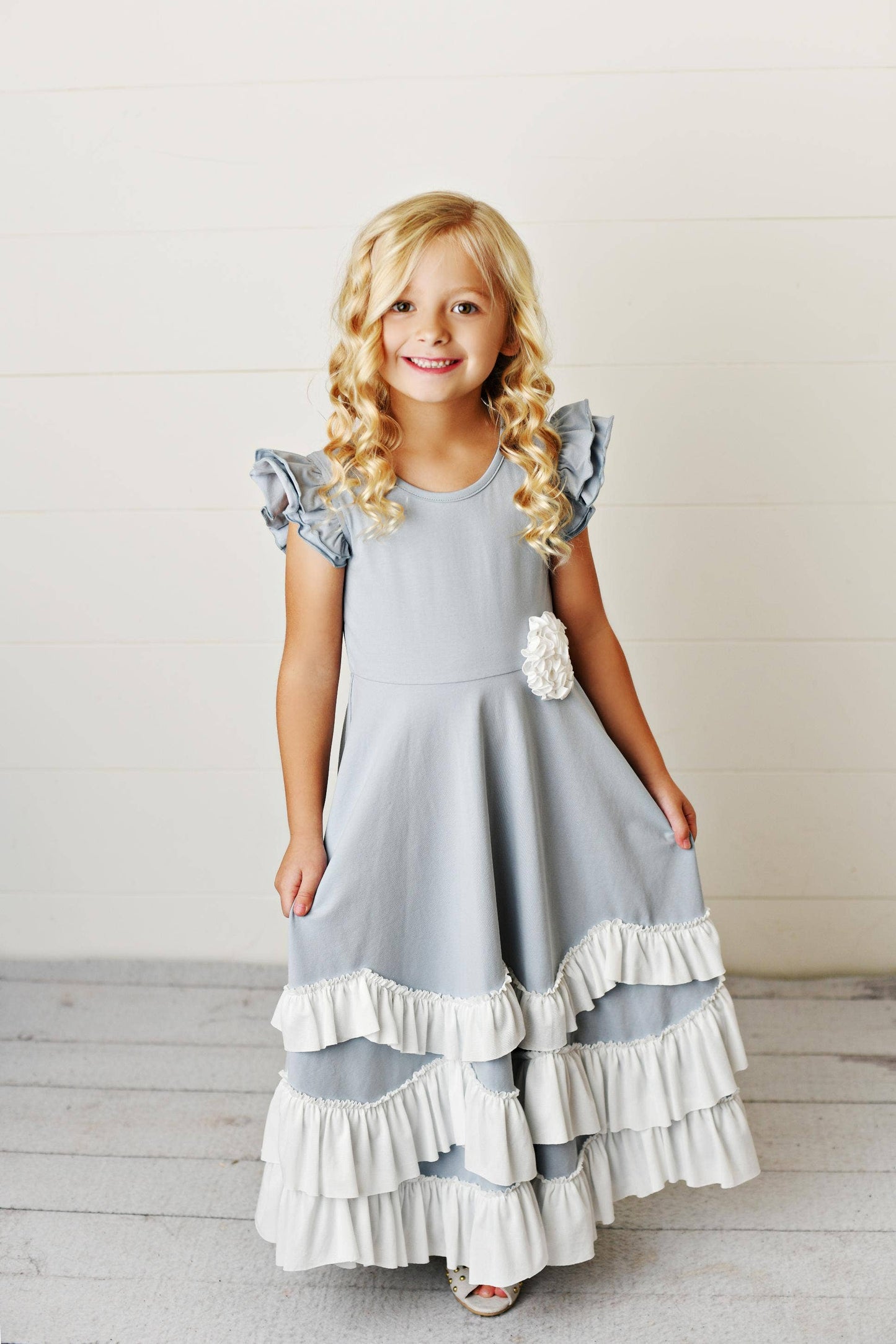 Kids Dusty Lavender Ruffles Flutter Sleeve Rosette Dress