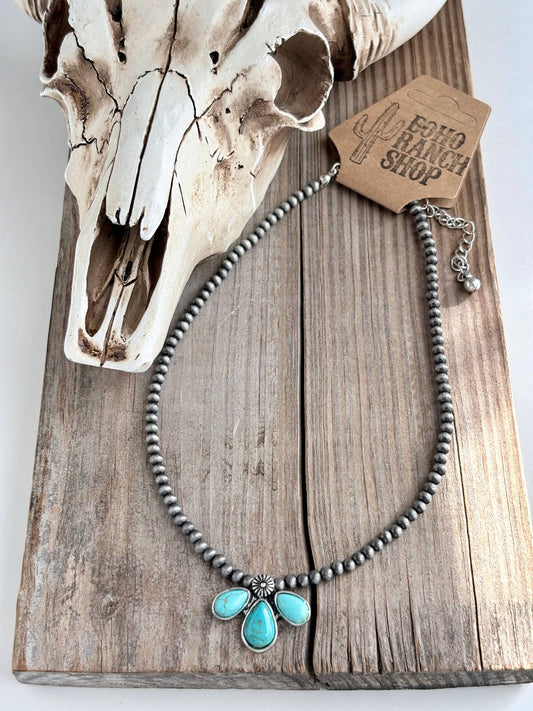 Western Turquoise Stone Pendant Navajo Pearl Choker Necklace