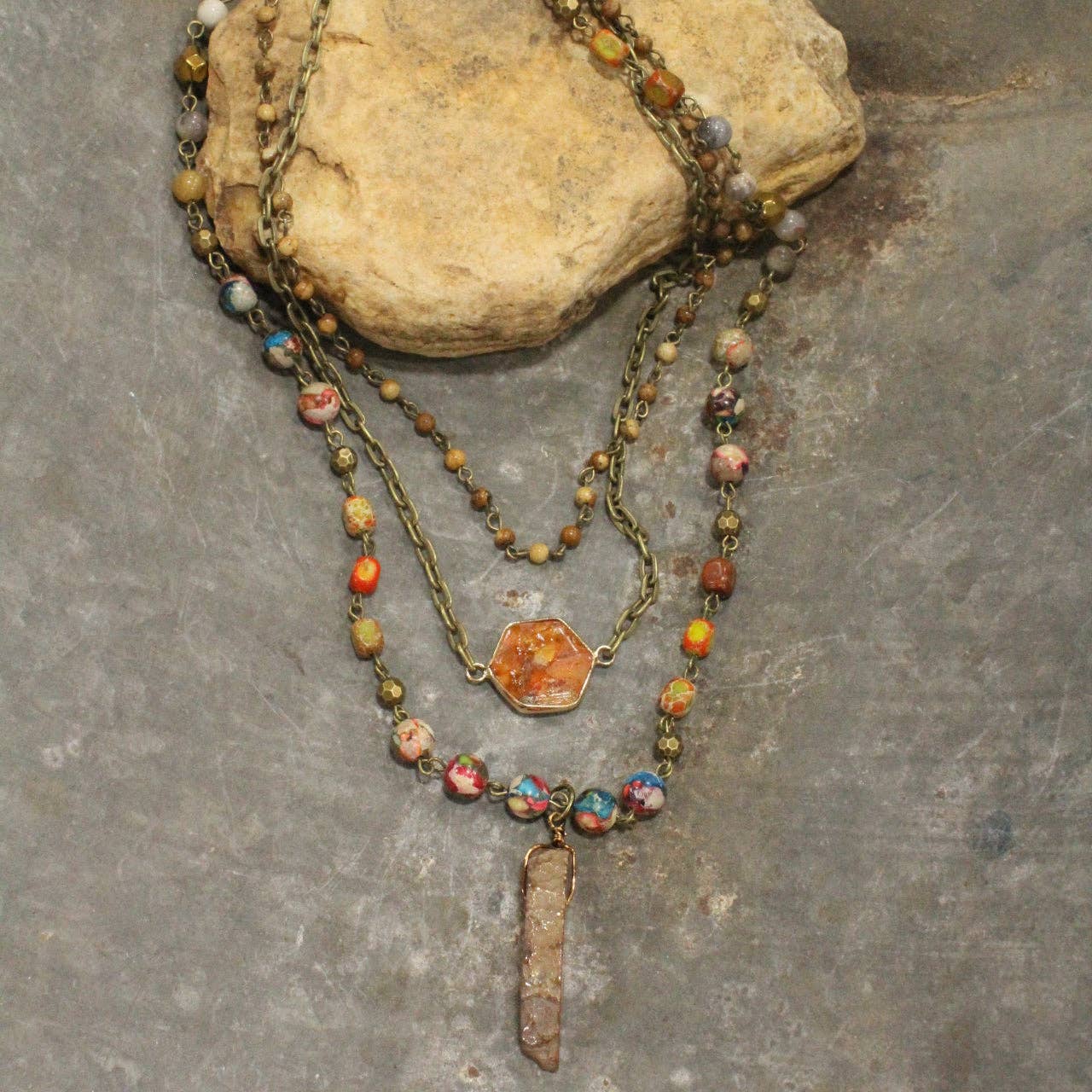 Bohemian Layered Rusty Orange Stone & Crystal Necklace