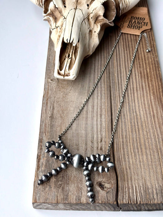 Western Navajo Pearl Bead Coquette Bow Chain Necklace