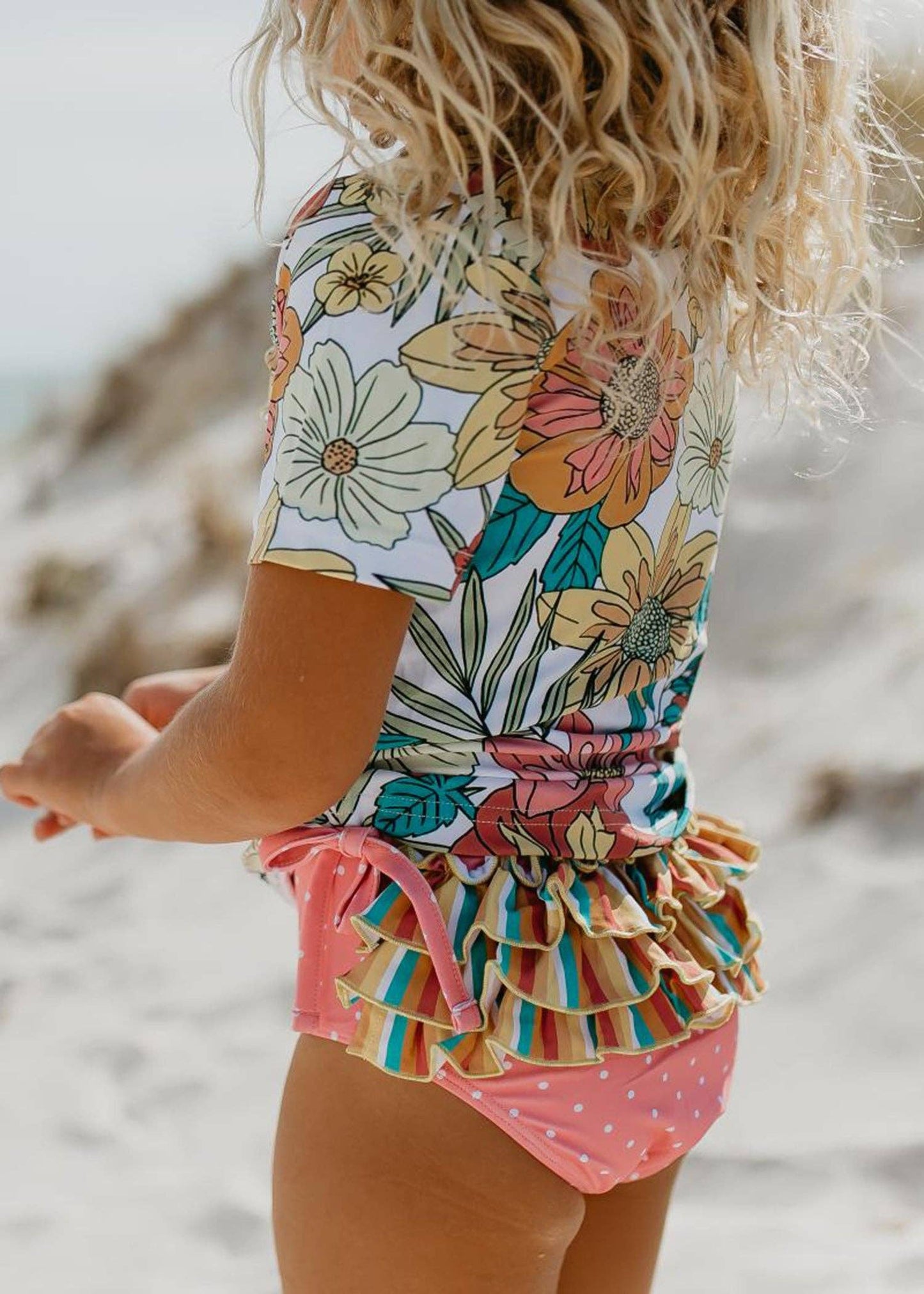 Girls Pink Tropical Rash Guard Ruffle Swimsuit