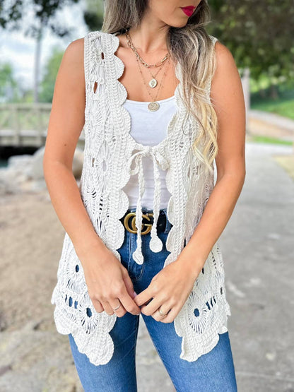 Ivory Boho Floral Crochet Open Front Vest with Tie