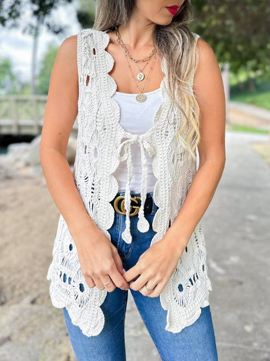 Ivory Boho Floral Crochet Open Front Vest with Tie