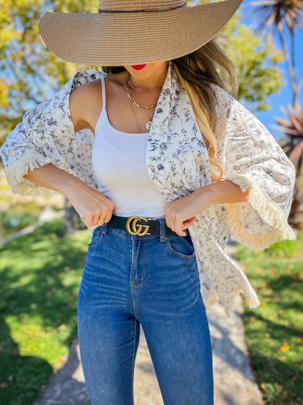Ivory Boho Floral Printed Kimono with Fringe Trim