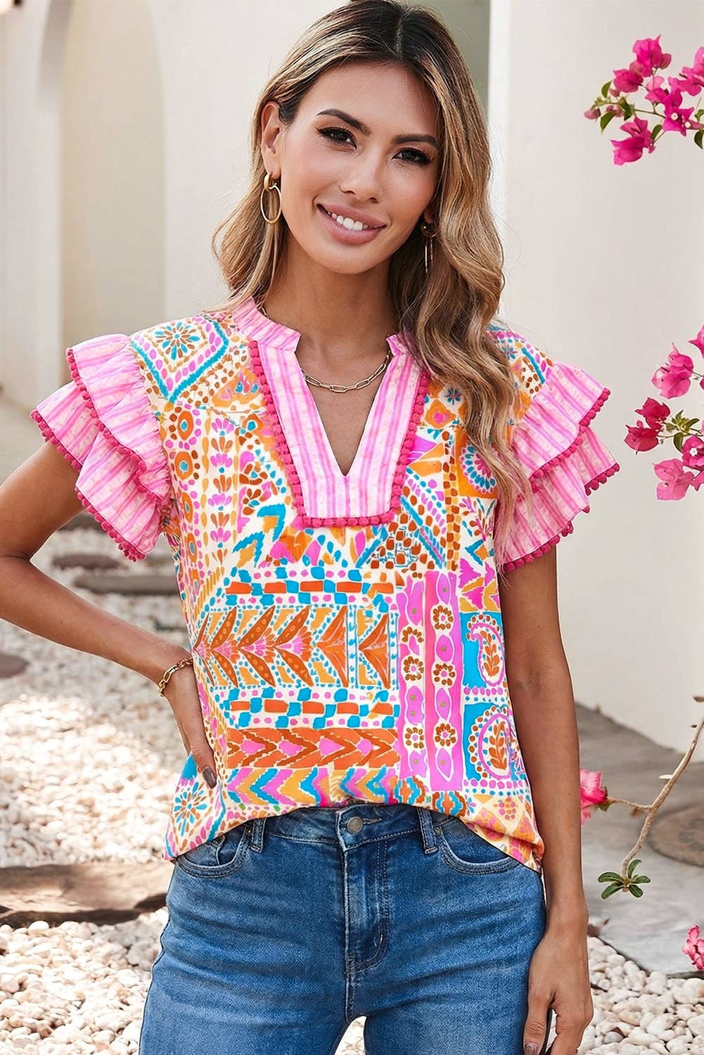 Boho Contrast Trim Striped Patchwork Tiered Blouse|S-4X