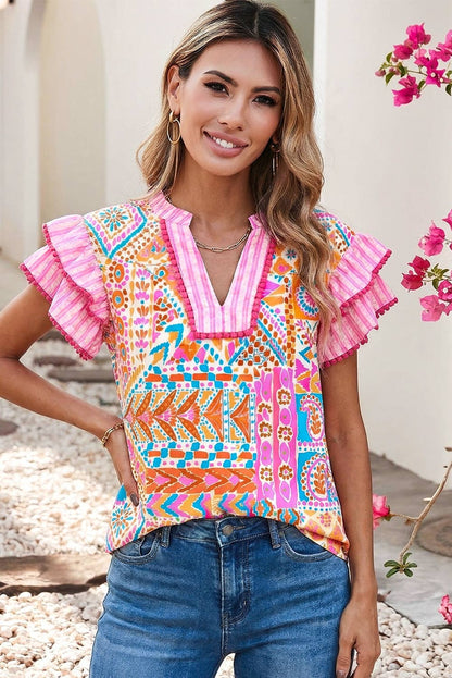 Boho Contrast Trim Striped Patchwork Tiered Blouse|S-4X