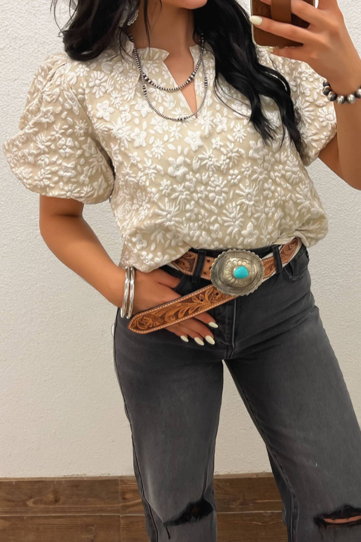 Western Floral Textured V Neck Blouse