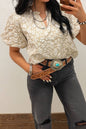 Western Floral Textured V Neck Blouse