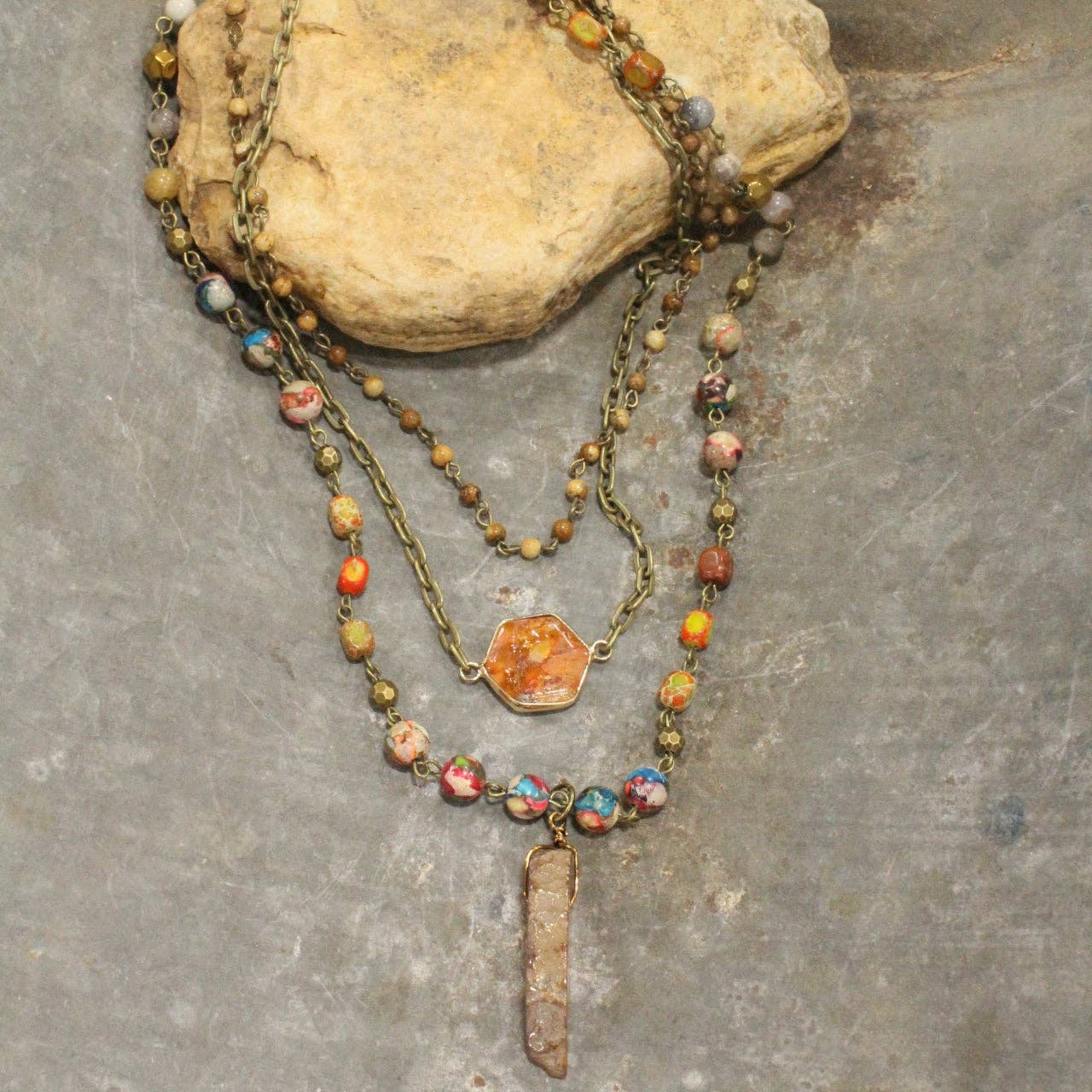 Bohemian Layered Rusty Orange Stone & Crystal Necklace