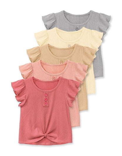 Girl's Ribbed Fashion Top w/ Front Knot Ruffle Sleeve