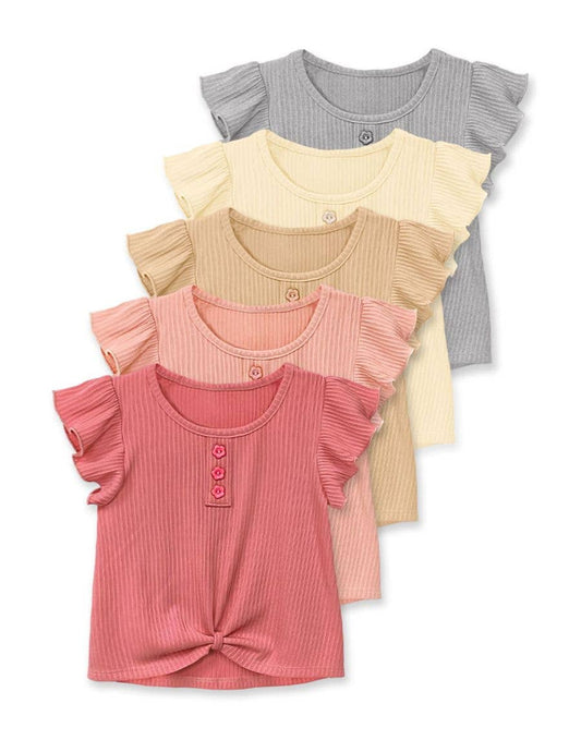 Girl's Ribbed Fashion Top w/ Front Knot Ruffle Sleeve