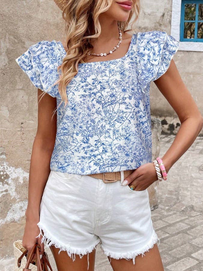 Floral Ruffled Sleeve Square Neck Bow Back Top