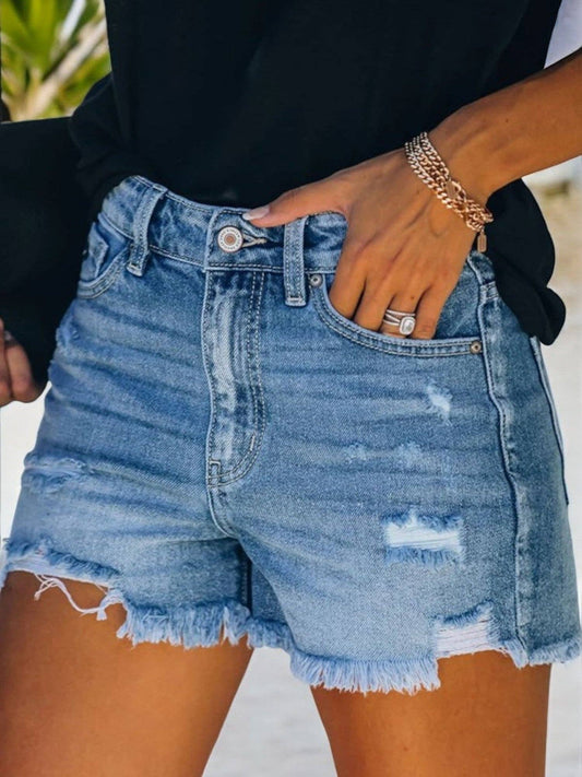 Women's Distressed Denim Shorts with Frayed Hem and Classic Five-Pocket Design