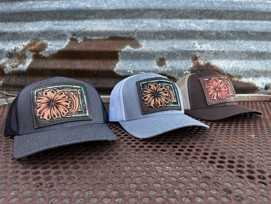 Daisy Handtooled Leather Patch Cap with Turquoise Southwestern Border Cowgirl Rodeo Western Cowboy