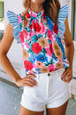 Floral Mock Neck Striped Flutter Sleeve Blouse