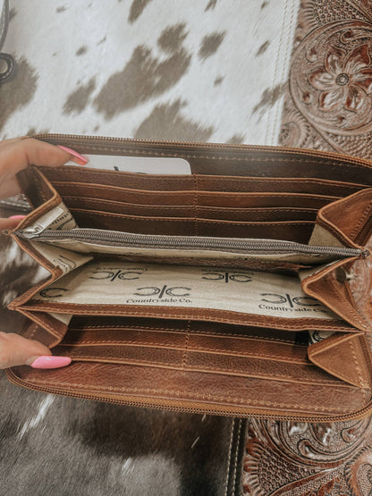 Tooled Leather Cowhide Womens Wallet Clutch