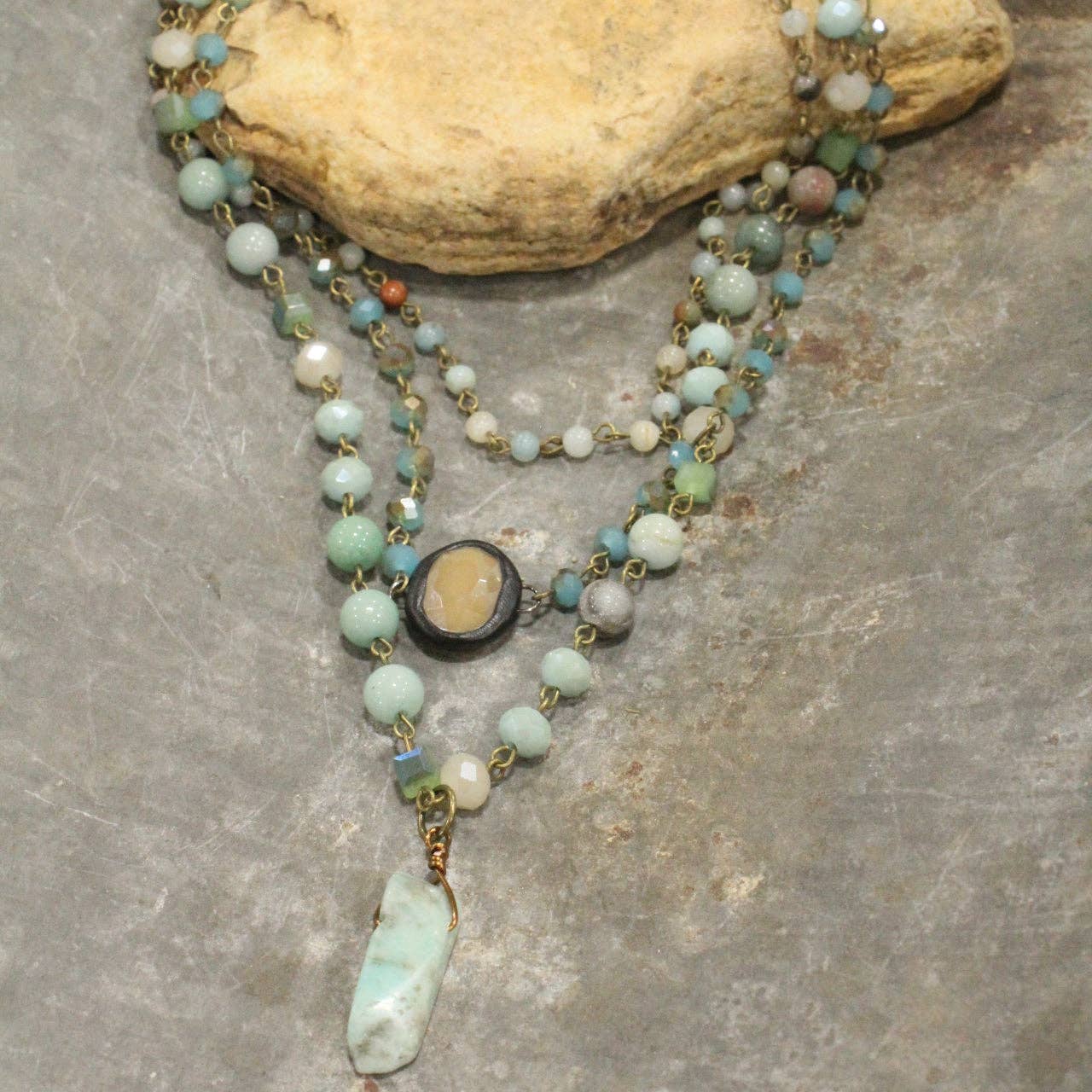 Bohemian Layered Mint Stone & Crystal Necklace