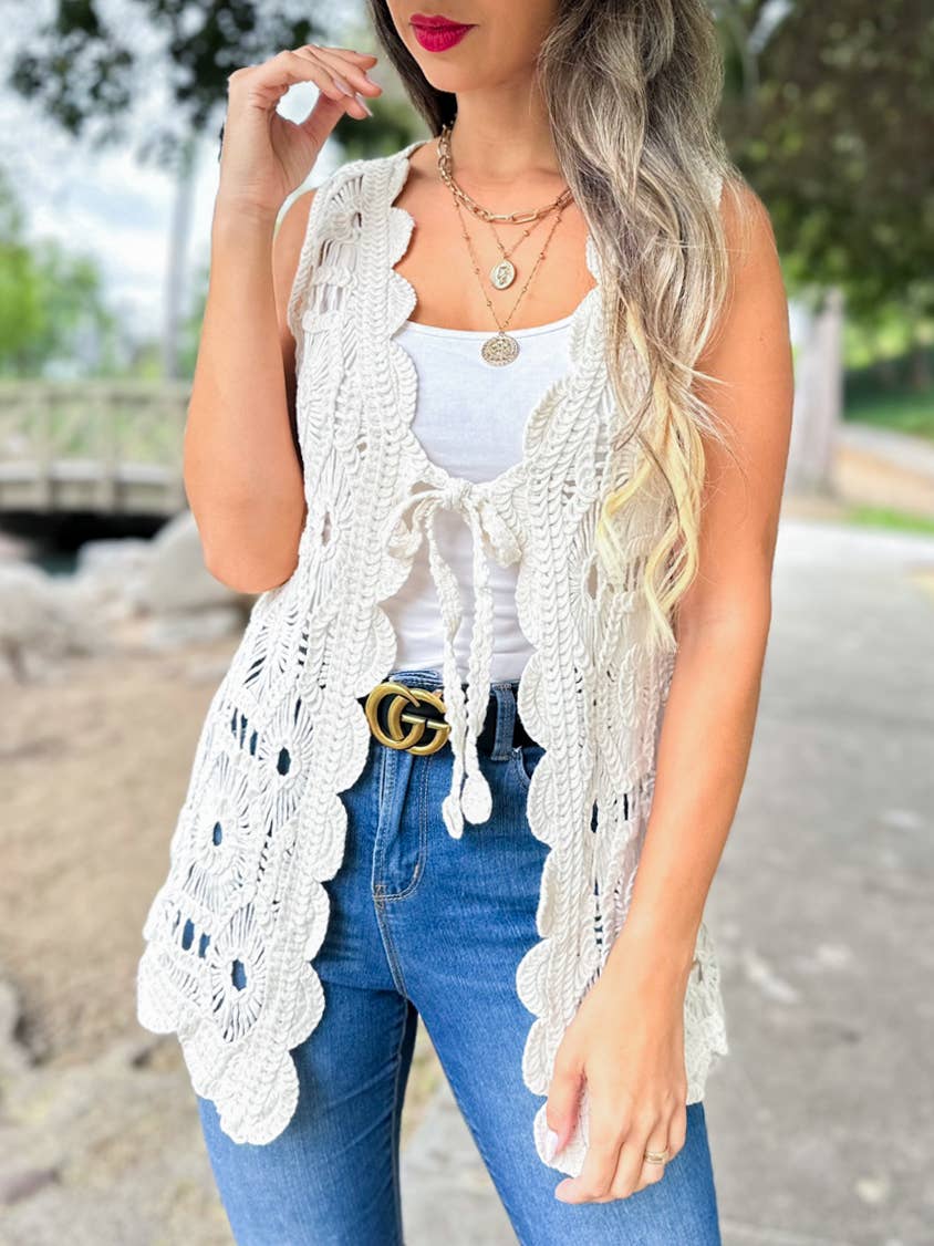 Ivory Boho Floral Crochet Open Front Vest with Tie