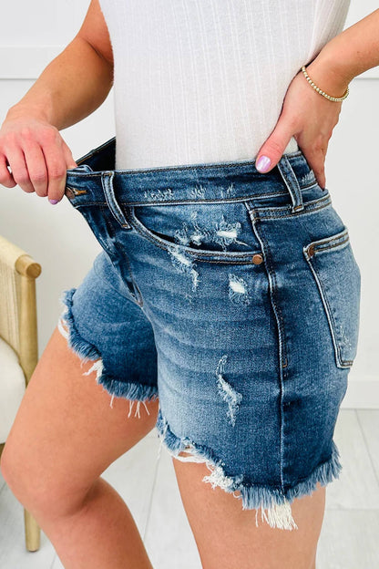 Asymmetric Raw Hem Distressed Whiskery Denim Shorts